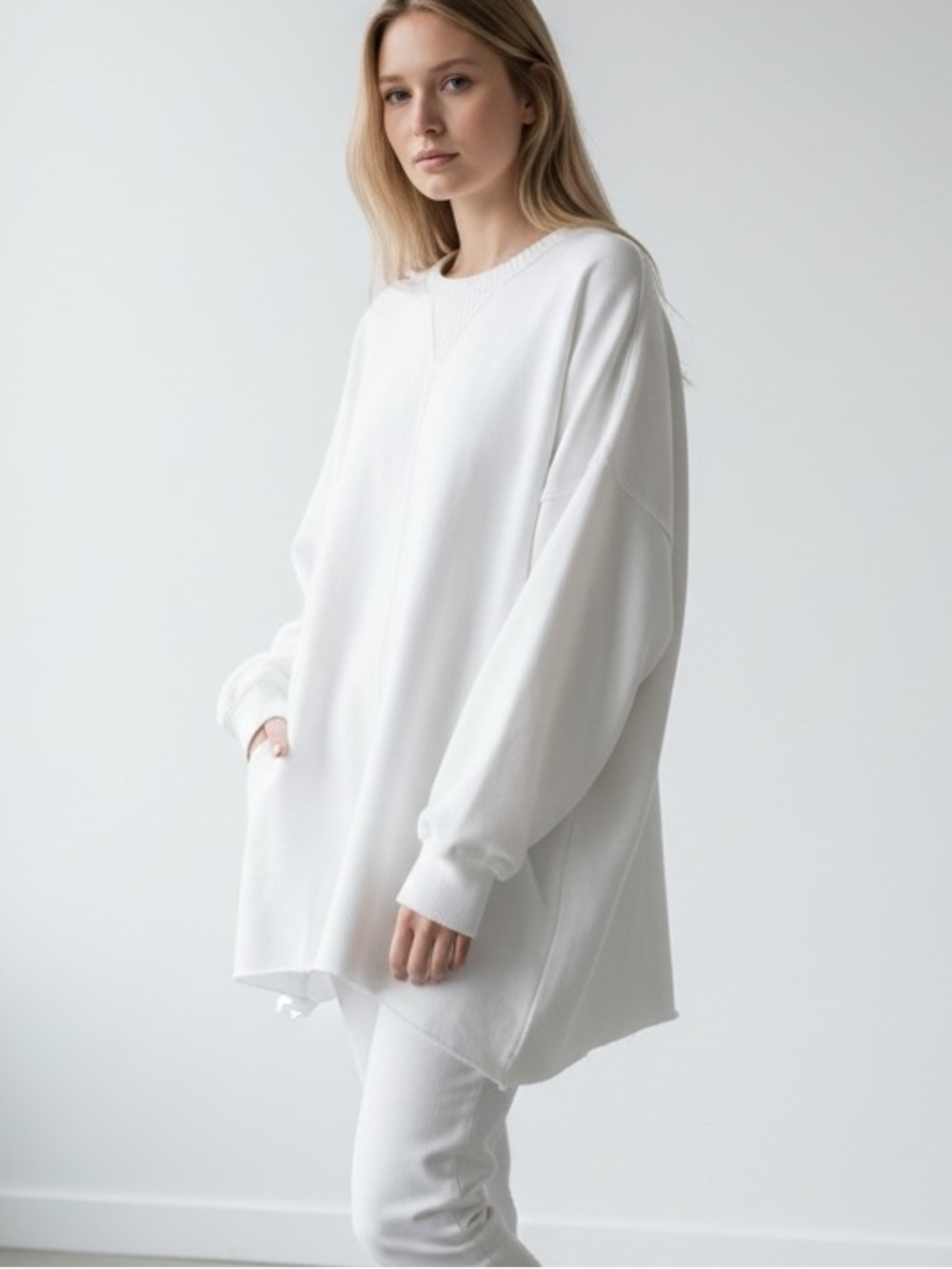 Aerie Crewneck Relaxed Fit Rolled Hem Tunic Sweatshirt - White